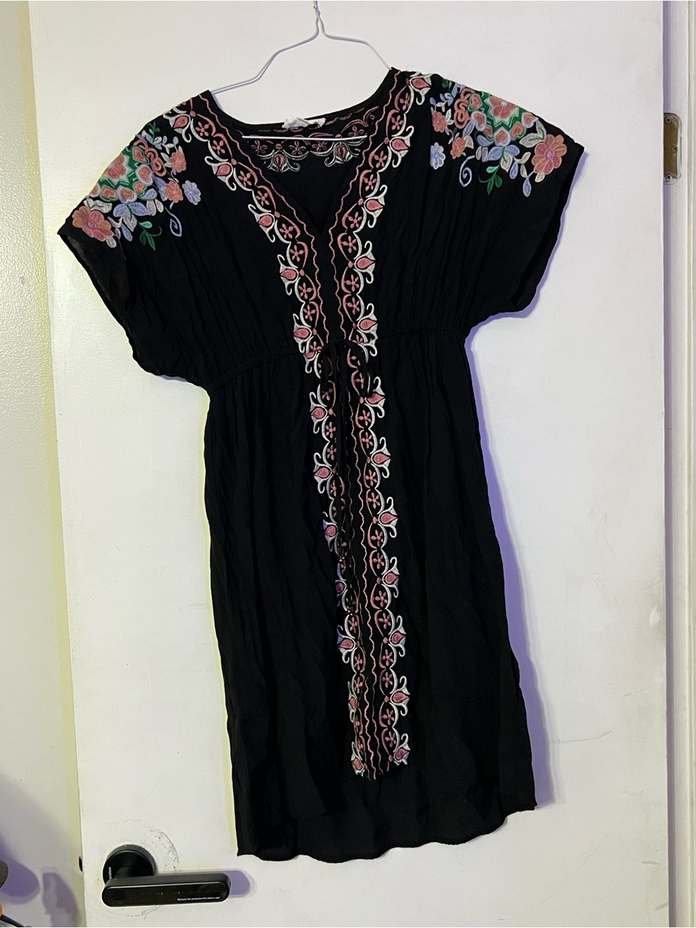 THML Black Mini Dress with Multicolor Floral Embroidery